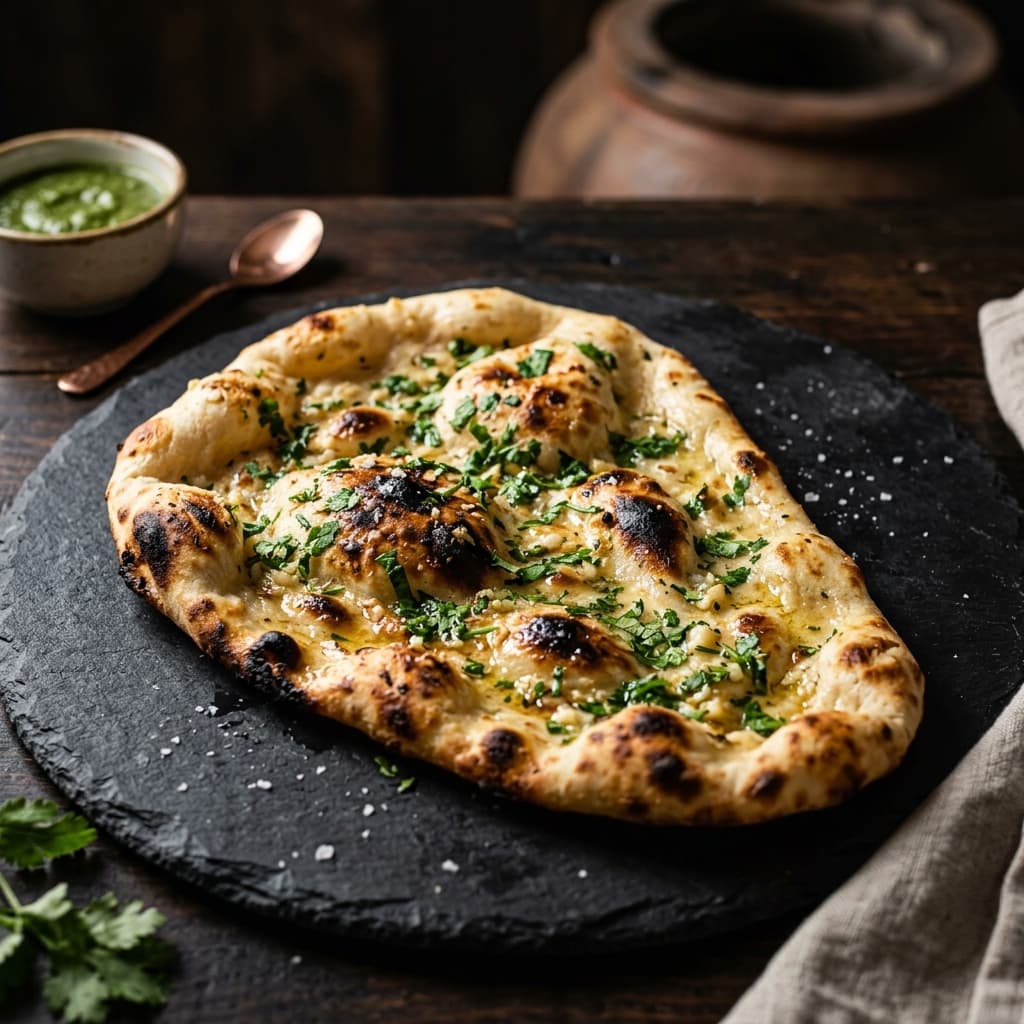 Freshly baked garlic naan from the tandoor