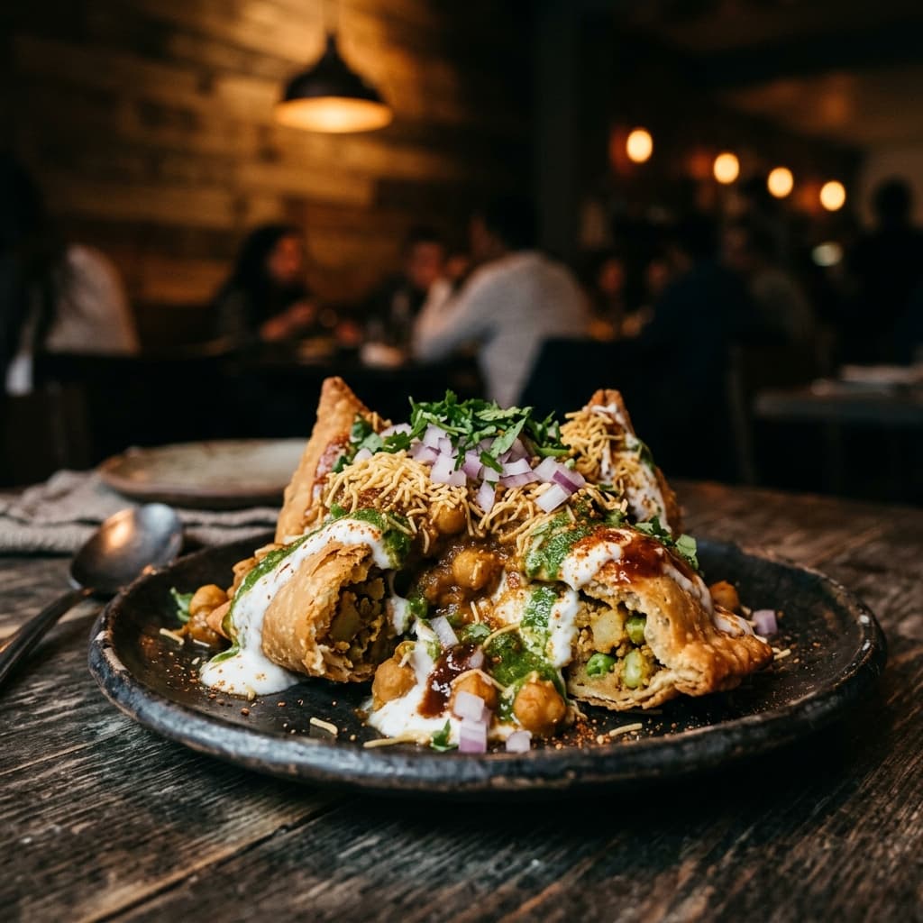 Samosa chaat with tamarind chutney and yoghurt